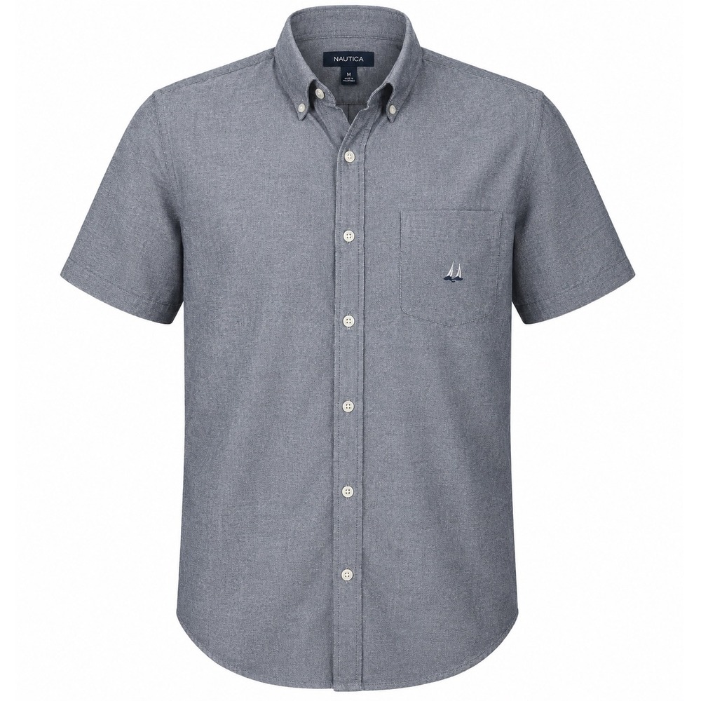 Nautica‎ Button Down Shirt Mens Medium Grey Short Sleeve Oxford Chambray Vintage
